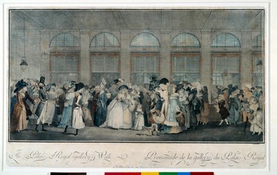Kävele kuninkaallisen palatsin galleriassa vuonna 1787. Louis Philibert Debucourtin kaiverrus (1755 - 1832) tekijältä Philibert Louis Debucourt