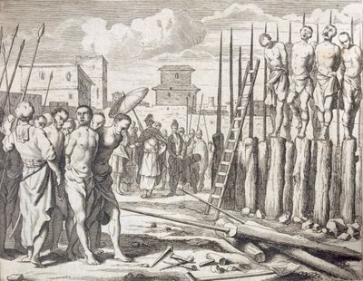 Joidenkin kapinallisten lyöminen, Punishment: Massacre by impament, pub. 1672. tekijältä Philip Baldaeus