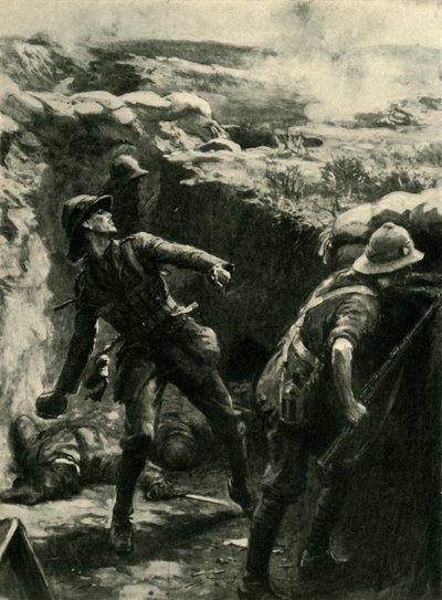 Luutnantti Forshaw heittää pommeja jatkuvasti, Gallipoli, Ensimmäinen maailmansota, 1915, c1920. tekijältä Philip Dadd