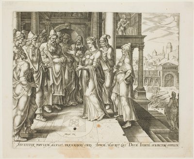 Judith puhuu Bethulian vanhimmille, levy kolme julkaisusta Judith ja Holofernes tekijältä Philip Galle