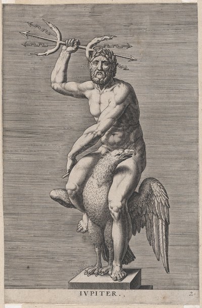 Levy 2: Jupiter, kotkan selässä istuvan alastonjumalan patsas, jolla on kaksoiskolmio, edestakaisin..., 1586. tekijältä Philip Galle