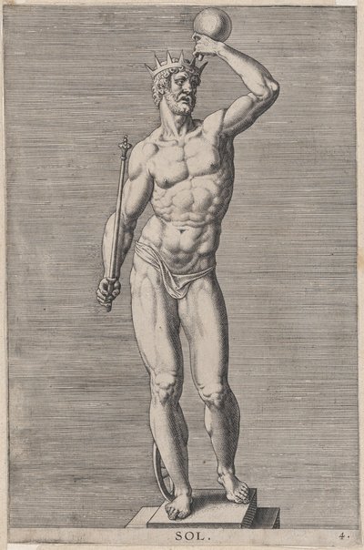Levy 4: Apollo, alaston jumalan patsas seisomassa sokkelissa, kruunu ja kädessään..., 1586. tekijältä Philip Galle