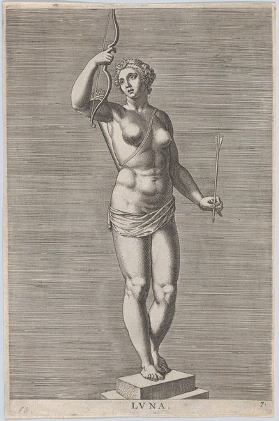 Levy 7: Diana, alastonjumalattaren patsas, joka seisoo sokkelissa, yllään kuunsirppi vuonna..., 1586. tekijältä Philip Galle