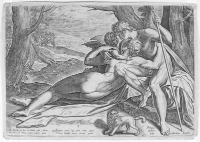 Venus ja Adonis, sarjasta The Story of Adonis, n. 1579, n. 1579. tekijältä Philip Galle