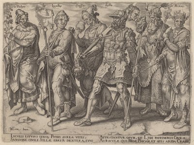 Pythius, Lucullus, Crassus, Sylla, Croesus, Midas (kuuluisia esimerkkejä rikkaudesta antiikista) tekijältä Philip Galle, after Maerten van Heemskerck