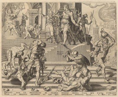 Baalin temppelin tuhoaminen ja hänen pappiensa teurastus tekijältä Philip Galle, after Maerten van Heemskerck
