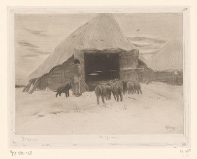 Paimen johdattaa lammaslauman navettaan Grange dans la neige (alkuperäinen nimi) tekijältä Philip Zilcken (signed by artist)