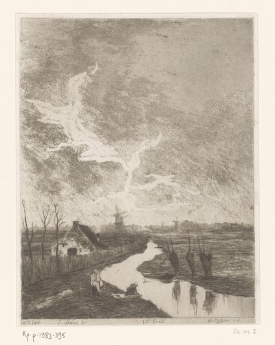 Niittymaisema ojalla, maatilalla ja myllyillä Environs de La Haye (alkuperäinen nimi) tekijältä Philip Zilcken (signed by artist)