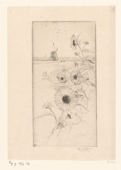Auringonkukat edessä niittymaisema hevosten ja tuulimyllyn kanssa Eutude de tournesols (alkuperäinen nimi) tekijältä Philip Zilcken (signed by artist)
