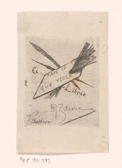Ex libris kynillä, siveltimillä ja paletilla tekijältä Philip Zilcken