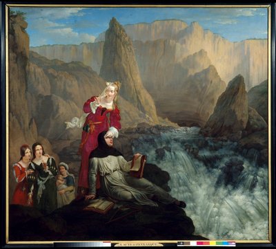 Laure ja Petrarque Fontaine de Vaucluseen. Philippe Jacques (Philippe Jacques) Van Breen (1786-1871) maalaus tekijältä Philipe Jacques van Bree
