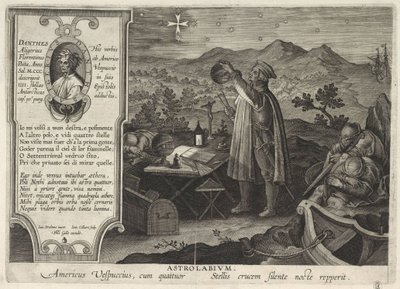 Amerigo Vespucci löytää Eteläisen ristin tähtikuvion Americae Retection astrolabin kanssa, 1591 tekijältä Philipp Galle