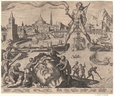 Rodoksen kolossi sarjasta Maailman kahdeksas ihme Maarten van Heemskerckin jälkeen, 1572 tekijältä Philipp Galle