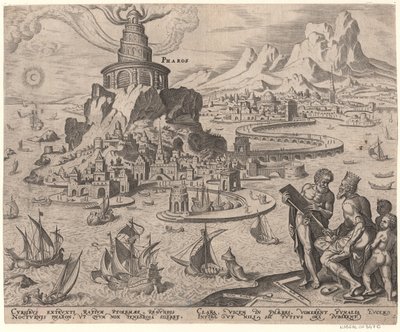 Aleksandrian majakka sarjasta Maailman kahdeksas ihme Maarten van Heemskerckin jälkeen, 1572 tekijältä Philipp Galle