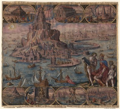 Aleksandrian majakka sarjasta Maailman kahdeksas ihme Maarten van Heemskerckin jälkeen, 1572 tekijältä Philipp Galle
