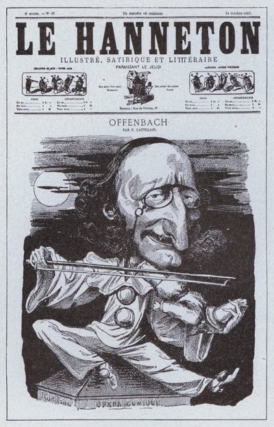 Karikatyyri saksalaissyntyisestä ranskalaisesta säveltäjästä Jacques Offenbachista (litho) tekijältä Philippe Auguste Cattelain