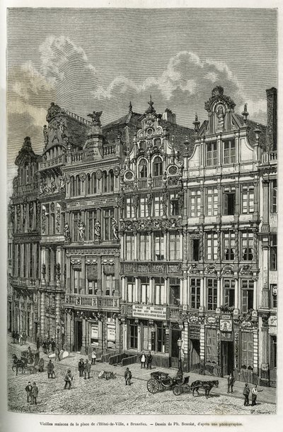Vanhoja taloja kaupungintalon aukiolla Brysselissä. Kaiverrus Ph. Benoist, havainnollistaa Belgian tarinaa Camille Lemonnierin, julkaistu tour du monde, Edouard Chartonin (1807-1890) johdolla, Pariisi tekijältä Philippe Benoist