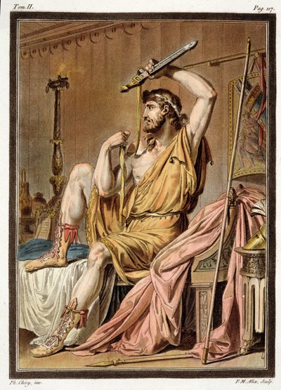 Agamemnon, puku Jean Racinen teokseen "Iphigenia in Aulis", "Research on the Costumes and Theatre of All Nations" II osasta, kaiverrus Pierre Michel Alix (1762-1817) 1802 (värillinen kaiverrus) tekijältä Philippe Chery