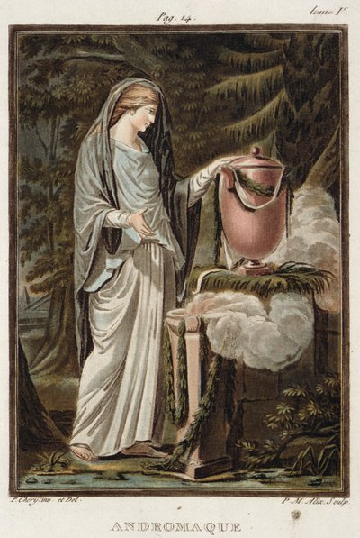 Andromache, puku Jean Racinen Andromacheen, julkaisun "Research on the Costumes and Theatre of All Nations" osasta I, kaiverrus Pierre Michel Alix (1762-1817) 1802 tekijältä Philippe Chery