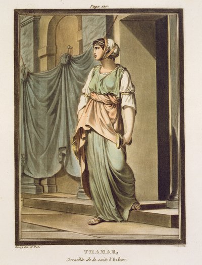Thamar, israelilainen Esterin seurueessa, puku Jean Racinen Estheriin, julkaisun "Research on the Costumes and Theatre of All Nations" osasta I, 1802 tekijältä Philippe Chery