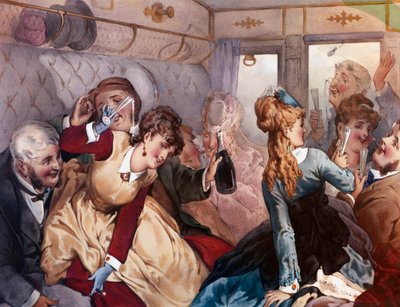 The Pleasure Train Porvarillinen porvari juomassa ja viihdyttämässä itseään vaunussa. Litografia Philippe Jacques Linder tekijältä Philippe Jacques Linder