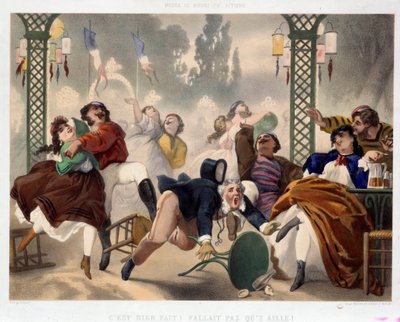 Asnieresin kasino Hyvin tehty, sinne ei tarvinnut mennä”” Suosittu viihdekohtaus, mies joutuu jakkaraan ja kaatuu keskelle tanssilattiaa. Philippe Jacques Linderin litografia (1835-?). Serie Musee de Moeurs et d