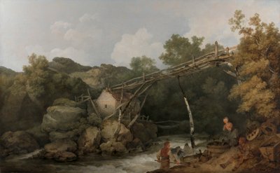 Näkymä lähellä Matlockia, Derbyshire, jossa hahmot työskentelevät puisen kuljettimen alla tekijältä Philippe Jacques de Loutherbourg