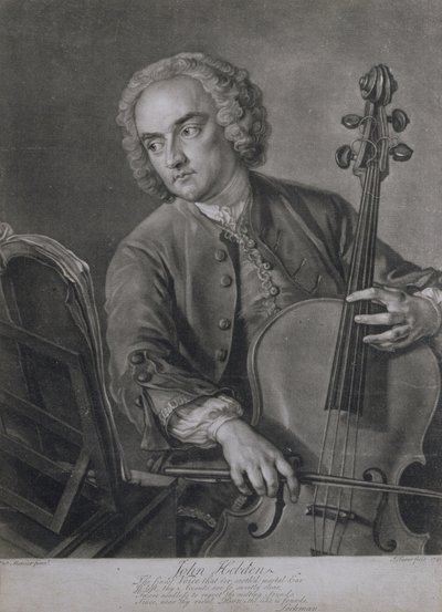 Händelin orkesterin sellisti John Hebdenin (fl.1740-60) muotokuva, kaiverrus John Faber (1684-1756), 1741 tekijältä Philippe Mercier