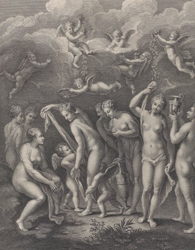 Hera, Aphrodite ja Athena valmistautuvat kauneuskilpailuun ennen P..., n. 1729-40. tekijältä Philippe Simonneau