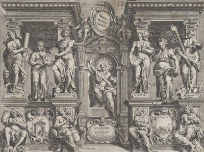 Arkkitehtoniseen rakenteeseen asetettu allegorinen opinnäyteteos, jossa on erilaisia hahmoja, 1608. tekijältä Philippe Thomassin