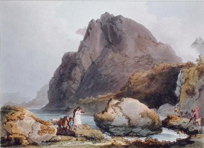 Llyn Ogween, Englannin ja Walesin romanttiset maalaukselliset maisemat, julkaistu 1805 (värikaiverrus) tekijältä Philippe de (after) Loutherbourg