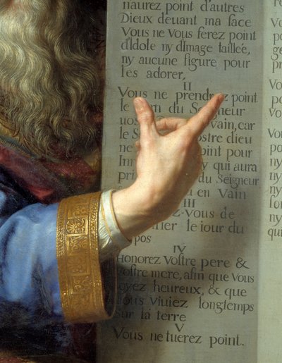 Mooses ja lain taulukot, yksityiskohta Mooseksen kädestä, joka näyttää kymmenen käskyä. Philippe De Champaignen (1602-1674) maalaus Ec. Flam. tekijältä Philippe de Champaigne