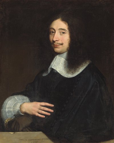 Herrasmiehen muotokuva, perinteisesti Noël de Bullion, puolipitkä, musta, pitsikaulus ja hihat, hanskat vasemmassa kädessään, 1656 tekijältä Philippe de Champaigne
