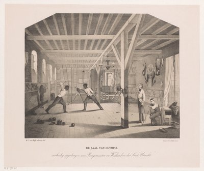 Näkymä oppilasyhtiö Olympian miekkailu- ja voimistelusalissa The Hall of Olympia (otsikko esineessä) tekijältä Philippus Anthonius Alexander Kanne