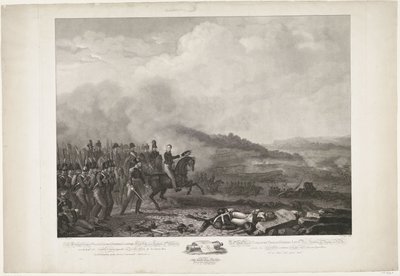 Orangen prinssi johtamassa hollantilaisia ​​joukkoja Quatre-Brasin taistelussa, 1815 Hänen kuninkaallinen korkeutensa William, George, Frederik, Alankomaiden kuningaskunnan kruununprinssi Lodewijk hollantilaisten johdossa Ranskan armeijaa vastaan, Quatre-B tekijältä Philippus Velijn