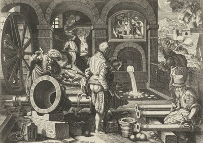 tykistötyöpaja Uusia keksintöjä ja löytöjä (sarjan nimi) Nova Reperta (sarjan nimi) tekijältä Philips Galle (attributed to workshop of)