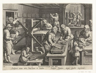 Kuparikaiverrusten valmistus Scvlptvra in aes (otsikko objektissa) Uusia keksintöjä ja löytöjä (sarjan nimi) Nova Reperta (sarjan nimi) tekijältä Philips Galle (attributed to workshop of)