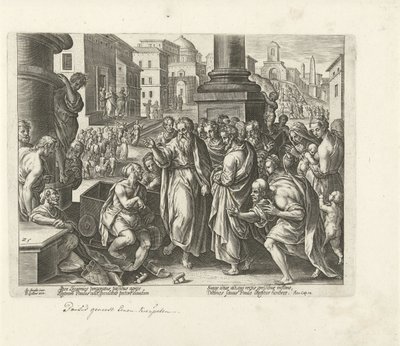 Paavali parantaa raajan Lystrassa Apostolien teot (sarjan nimi) Acta Apostolorum (sarjan nimi) tekijältä Philips Galle (possibly)