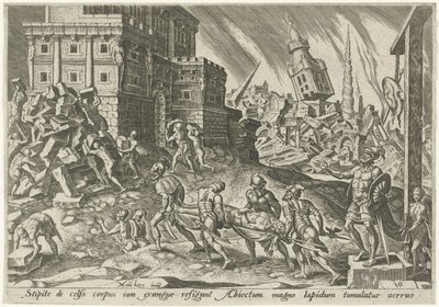 Ain kuninkaan ruumis tuodaan kaupungin portille The Days of Doom of the Jewish People (sarjan nimi) tekijältä Philips Galle