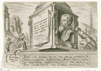 Maarten van Heemskerckin muotokuva pylvään jalustalla The Days of Doom of the Jewish People (sarjan nimi) tekijältä Philips Galle