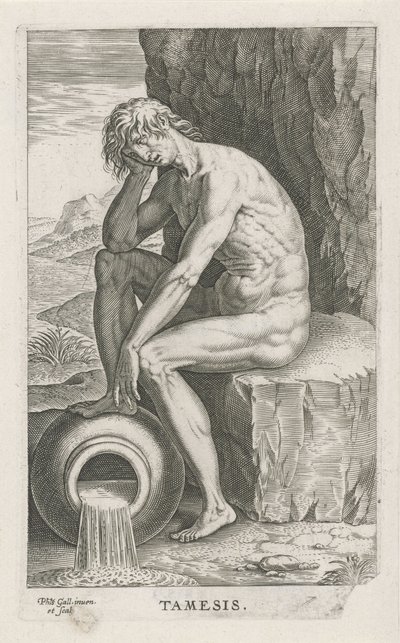 Riviergod Thames Thames (otsikko esineessä) Rivier- en zeegoden (sarjan nimi) Tyylikkäitä muotokuvia meren puolijumalista ja Amnicus-hylkeistä (sarjan nimi) tekijältä Philips Galle