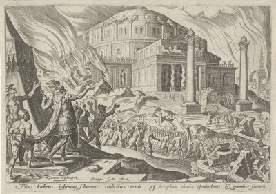 Keisari Titus tuhosi Jerusalemin The Days of Doom of the Jewish People (sarjan nimi) tekijältä Philips Galle