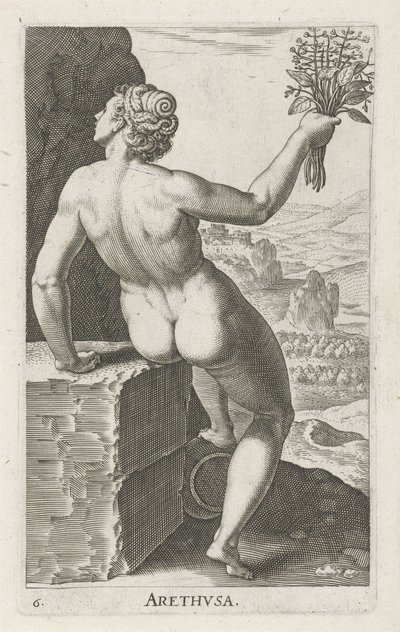 Vesinymfi Arethusa Arthvsa (otsikko esineessä) Stroom en waternimfen (sarjan nimi) Oceanitid nymfit, ephidrid potamidus naiad (sarjan nimi) tekijältä Philips Galle
