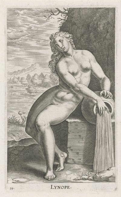 Vesinymfi Linope Lynope (otsikko objektissa) Stroom en waternimfen (sarjan nimi) Oceanitid nymfit, ephidrid potamidus naiads (sarjan nimi) tekijältä Philips Galle