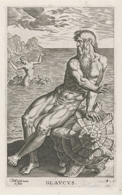 Zeegod Glaucus Glavcvs (otsikko objektissa) Rivier- en zeegoden (sarjan nimi) Tyylikkäitä muotokuvia meren puolijumalista ja Amnicus-hylkeistä (sarjan nimi) tekijältä Philips Galle