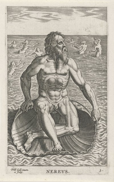 Zeegod Nereus Nerevs (otsikko esineessä) Rivier- en zeegoden (sarjan nimi) Tyylikkäitä muotokuvia meren puolijumalista ja Amnicus-hylkeistä (sarjan nimi) tekijältä Philips Galle