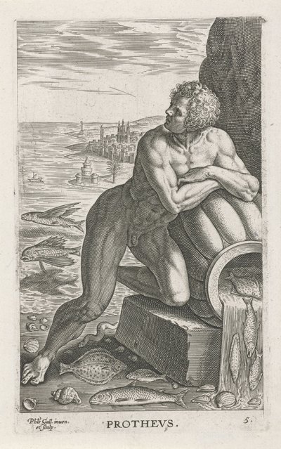 Zeegod Protheus Prothevs (otsikko esineessä) Rivier- en zeegoden (sarjan nimi) Tyylikkäitä muotokuvia meren puolijumalista ja Amnicus-hylkeistä (sarjan nimi) tekijältä Philips Galle