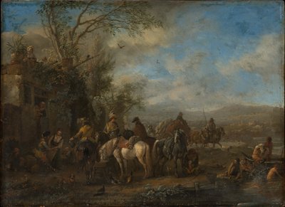 Aseistetut ratsastajat majatalon edessä tekijältä Philips Wouwerman