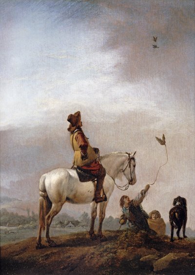 Herrasmies hevosen selässä katsomassa haukkametsää tekijältä Philips Wouwerman