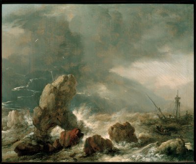 Myrskyinen meri, jossa kolme laivaa hädässä tekijältä Philips Wouwerman